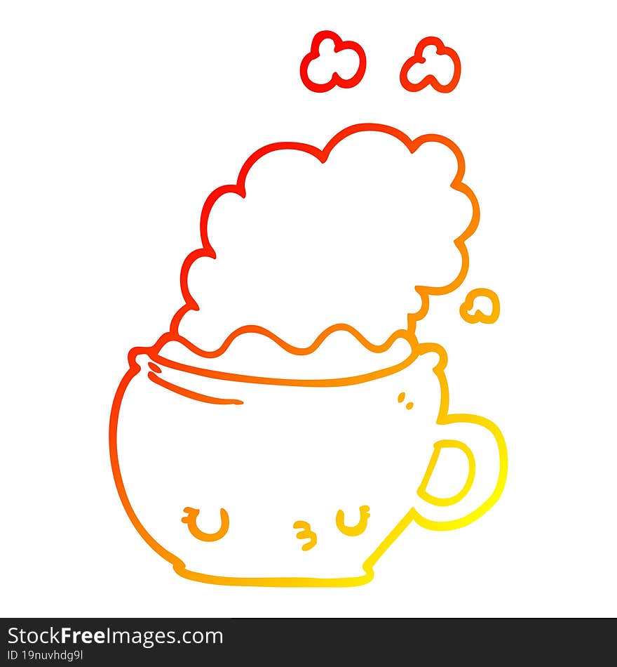 warm gradient line drawing of a cute cartoon coffee cup