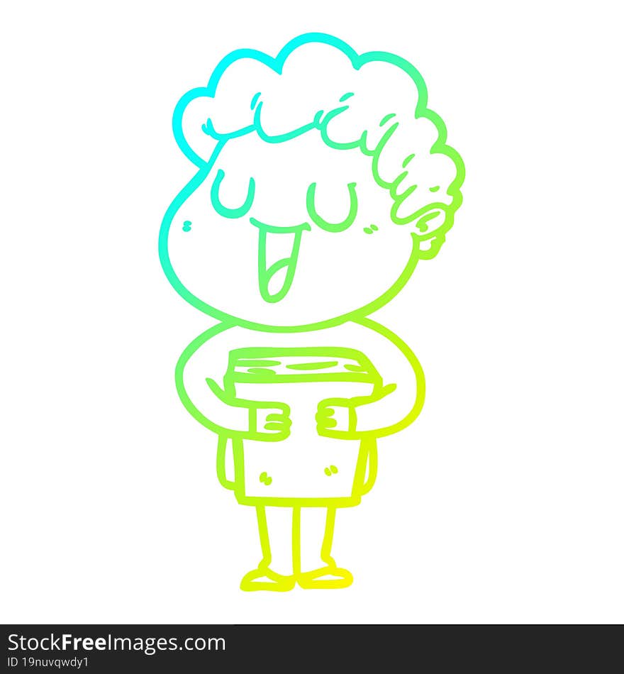 cold gradient line drawing of a laughing cartoon man with book