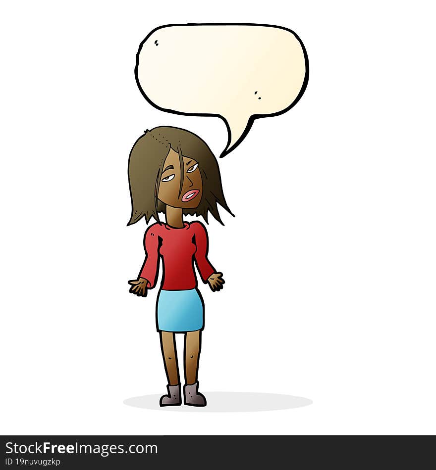 cartoon woman shrugging shoulders with speech bubble