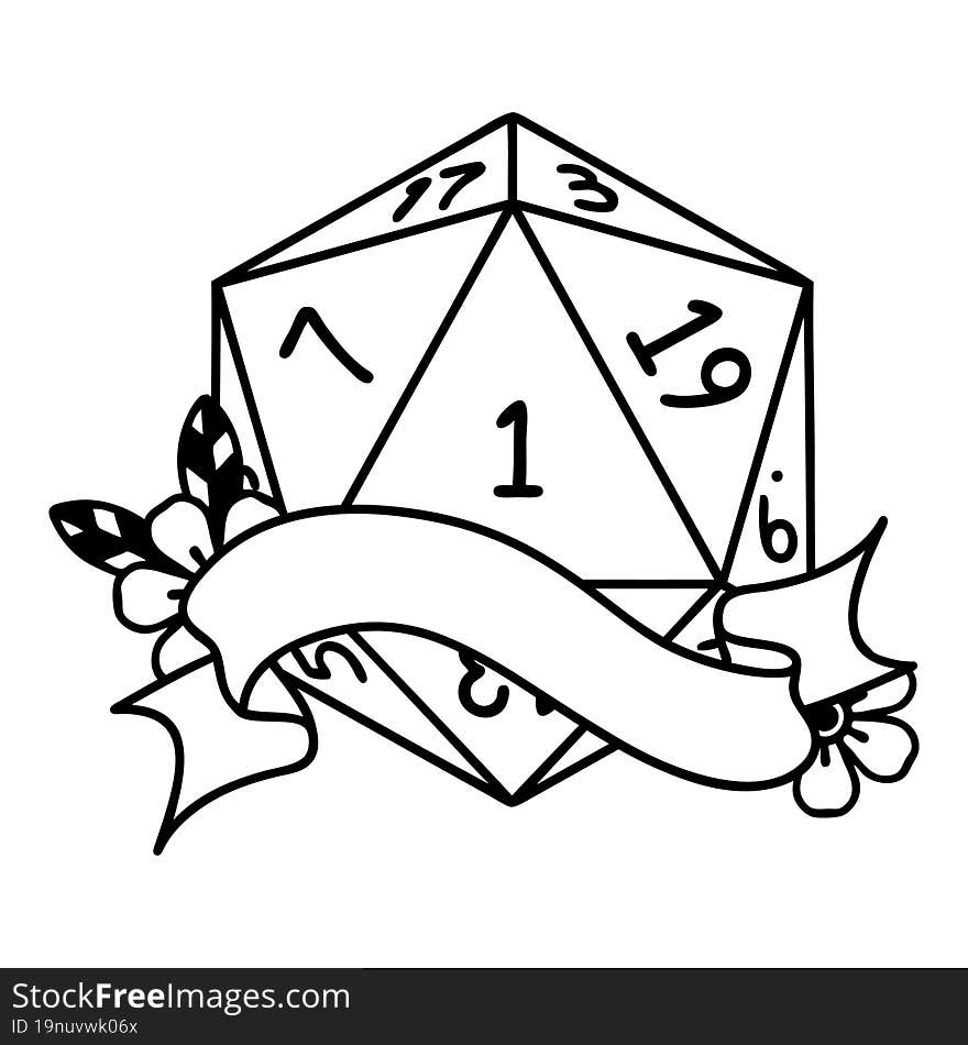 Black and White Tattoo linework Style natural one d20 dice roll. Black and White Tattoo linework Style natural one d20 dice roll