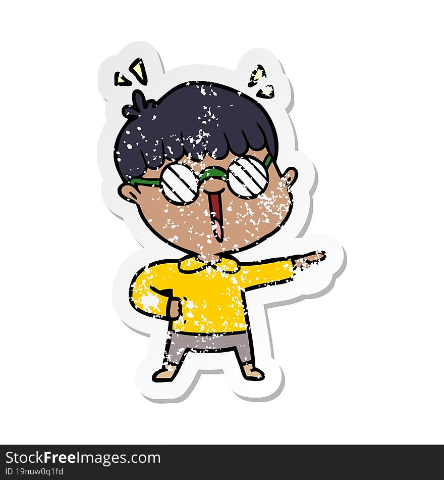 distressed sticker of a cartoon boy wearing spectacles