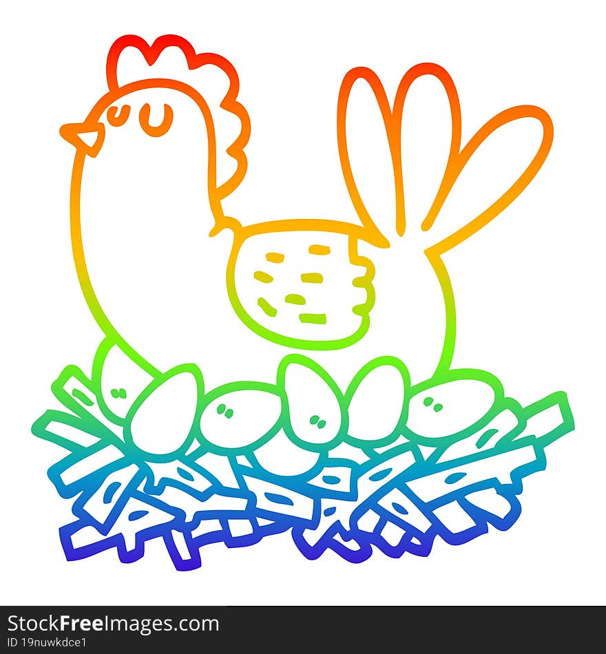 rainbow gradient line drawing cartoon chicken on nest of eggs