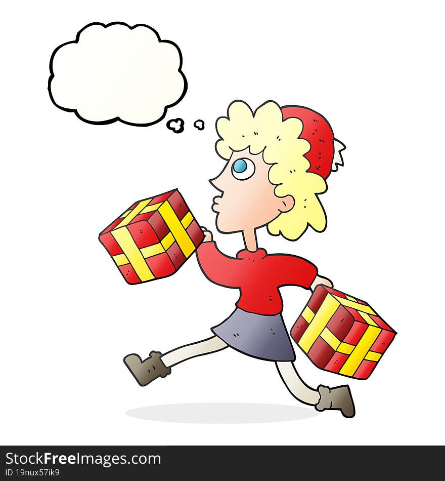 freehand drawn thought bubble cartoon running woman with presents