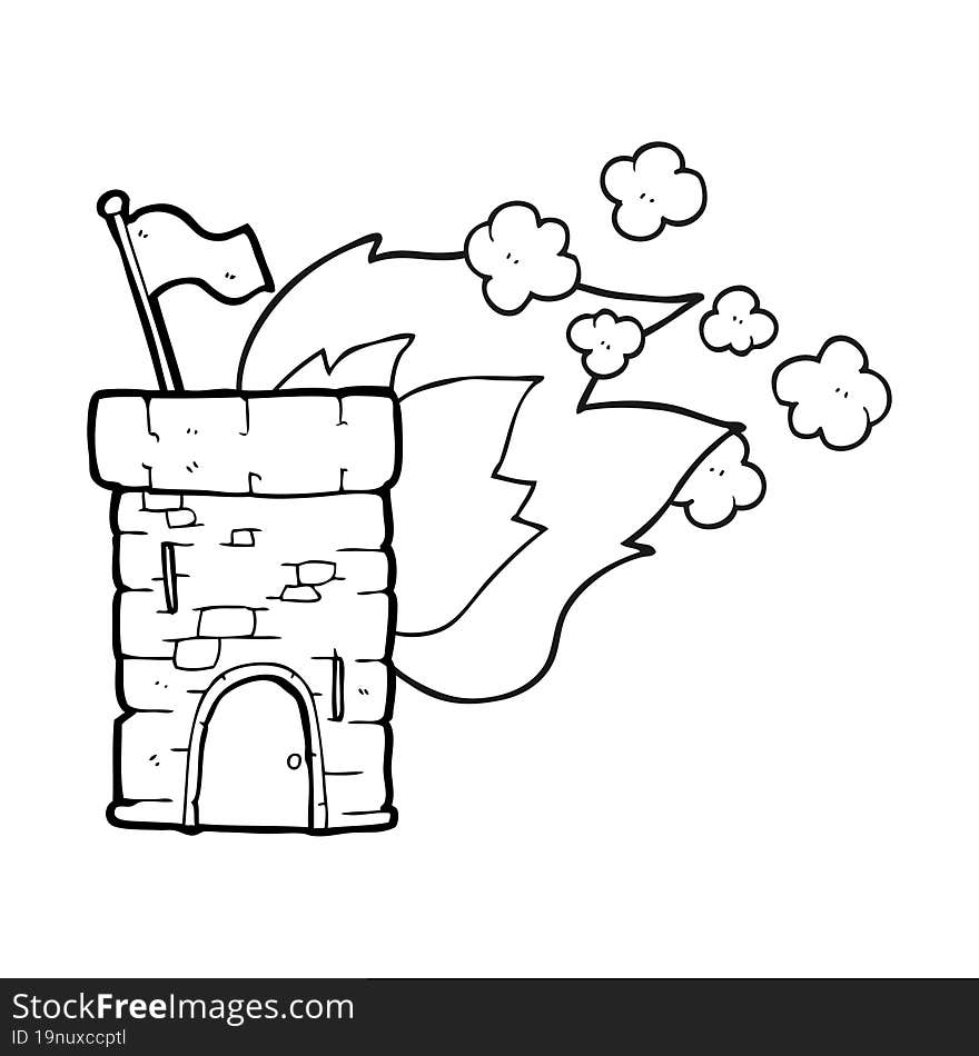 black and white cartoon burning castle tower