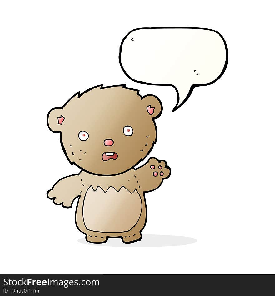 cartoon worried teddy bear with speech bubble