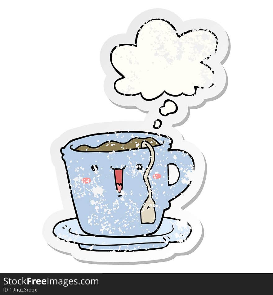 cute cartoon cup and saucer with thought bubble as a distressed worn sticker