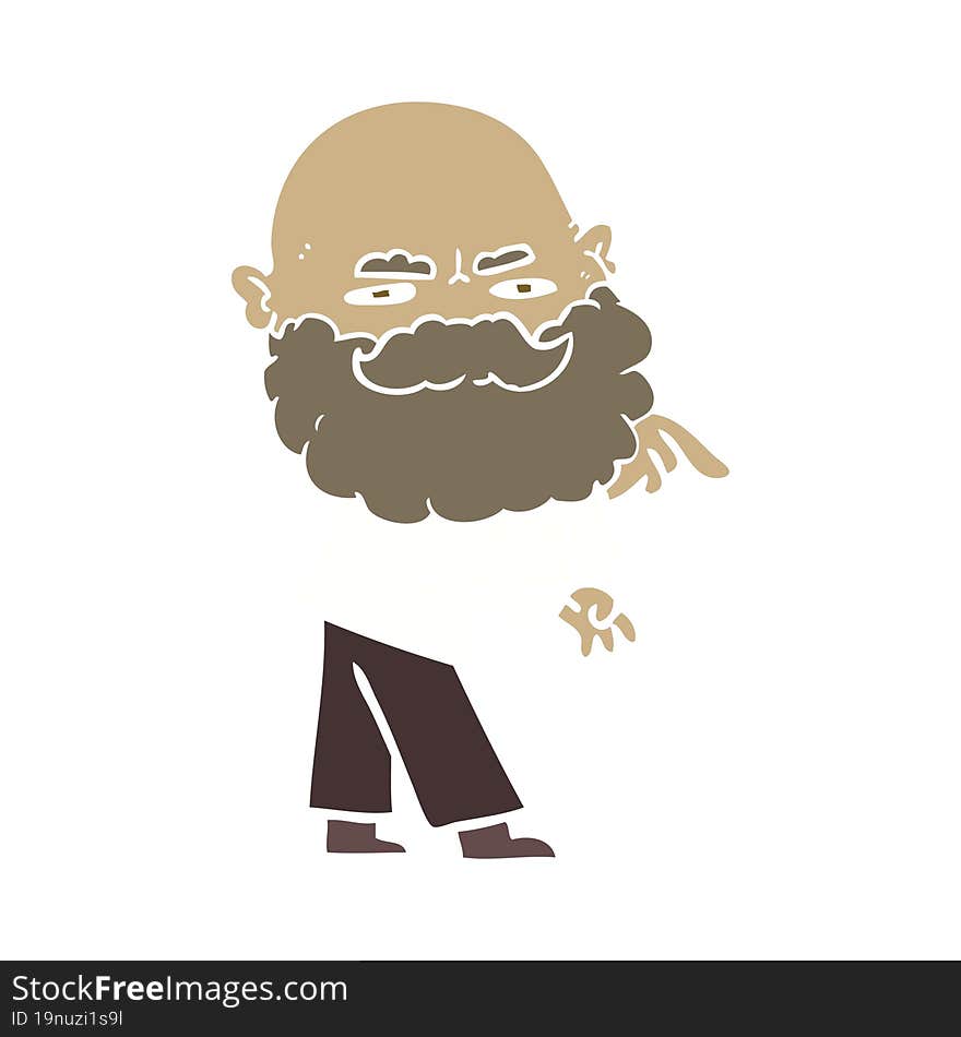 flat color style cartoon man with beard frowning and pointing