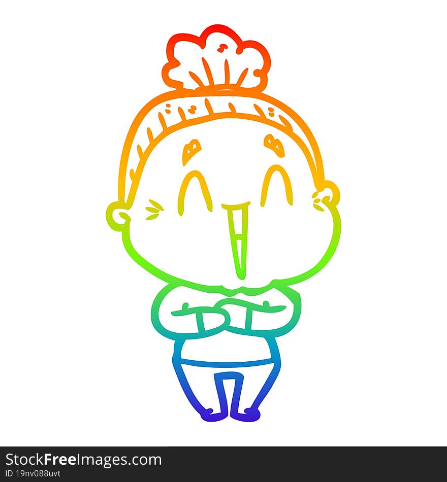 rainbow gradient line drawing of a cartoon happy old lady