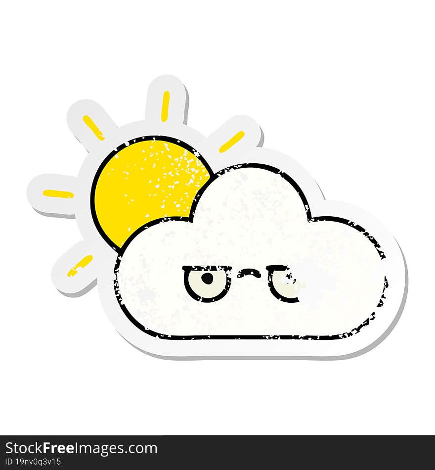 Distressed Sticker Of A Cute Cartoon Sun And Cloud