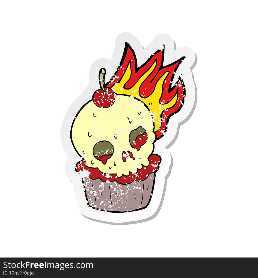 retro distressed sticker of a cartoon halloween cup cake