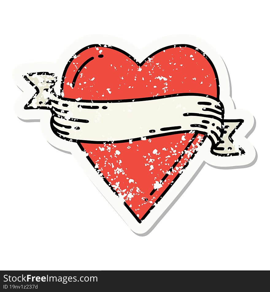 distressed sticker tattoo in traditional style of a heart and banner. distressed sticker tattoo in traditional style of a heart and banner