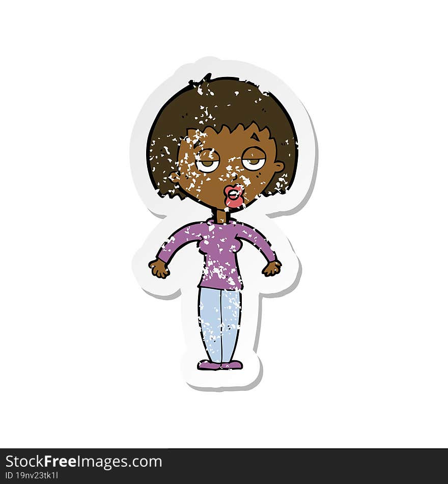 Retro Distressed Sticker Of A Cartoon Woman Shrugging Shoulders