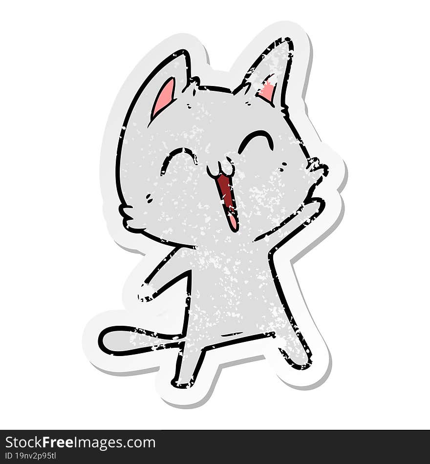 distressed sticker of a happy cartoon cat