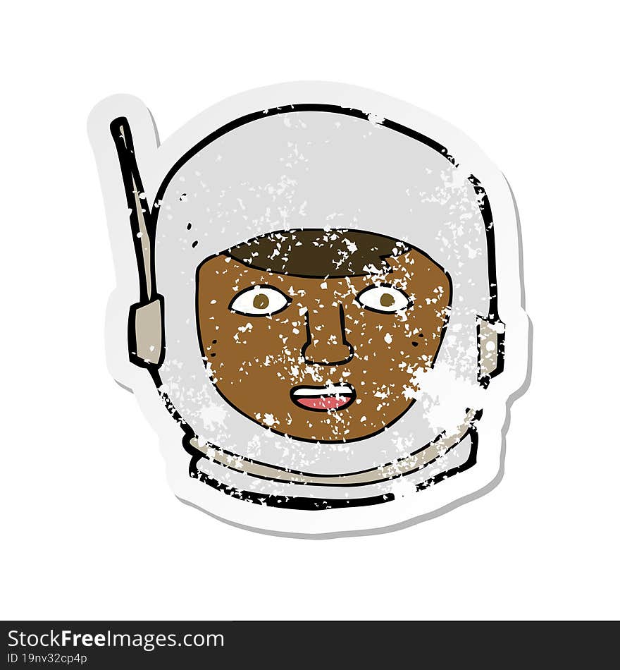 retro distressed sticker of a cartoon astronaut head