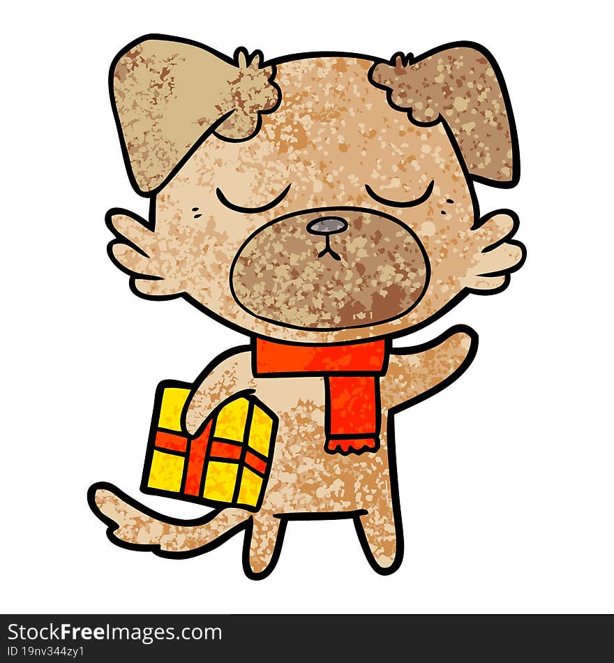 cute cartoon dog with christmas present. cute cartoon dog with christmas present