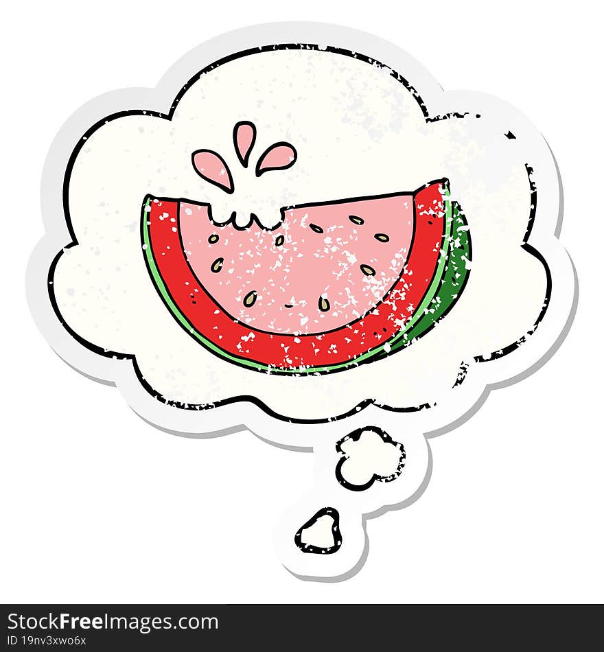 cartoon watermelon and thought bubble as a distressed worn sticker