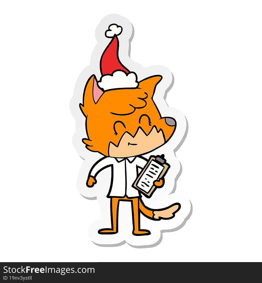 sticker cartoon of a friendly fox manager wearing santa hat