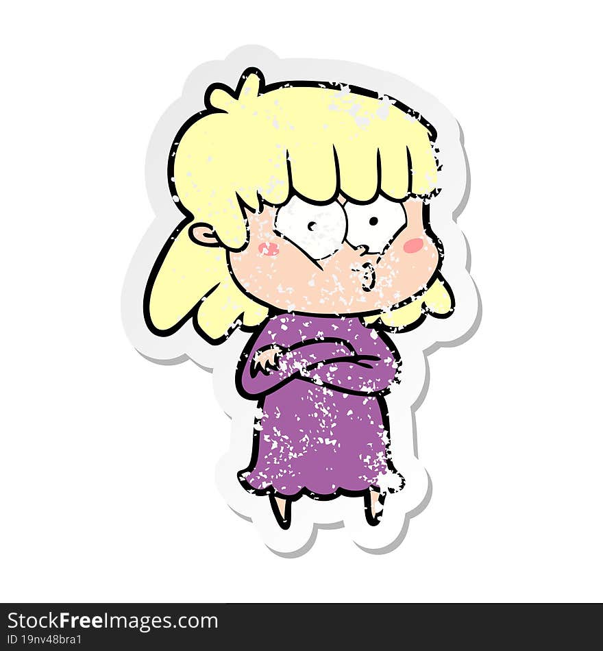 distressed sticker of a cartoon whistling girl