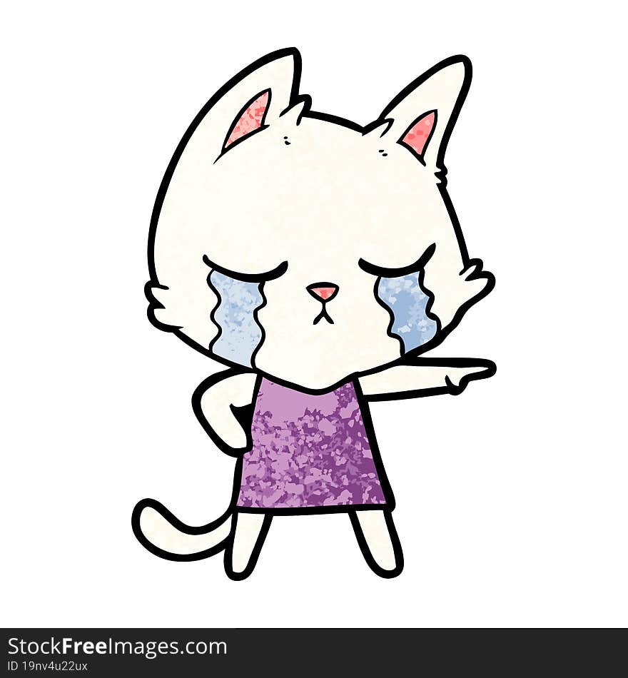 crying cartoon cat in dress pointing. crying cartoon cat in dress pointing