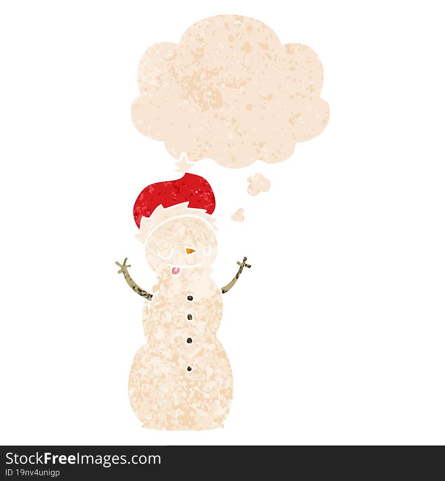 Cartoon Christmas Snowman And Thought Bubble In Retro Textured Style