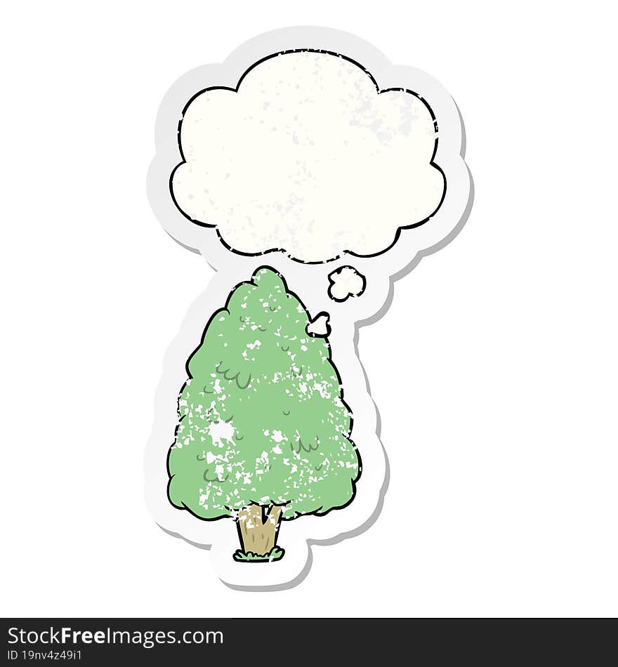 Cartoon Tall Tree And Thought Bubble As A Distressed Worn Sticker