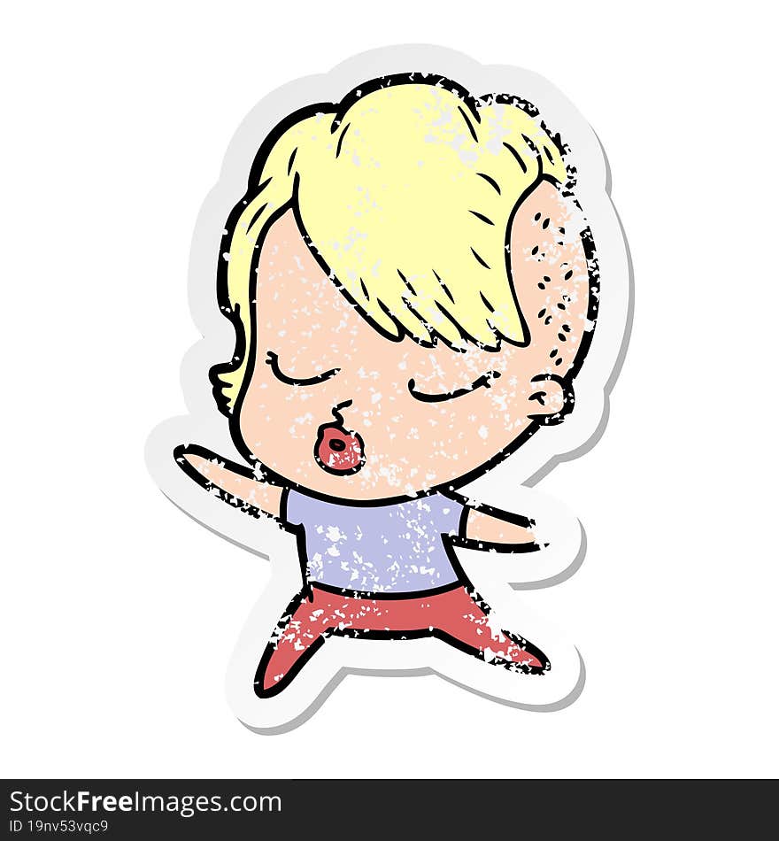 Distressed Sticker Of A Cartoon Pretty Hipster Girl