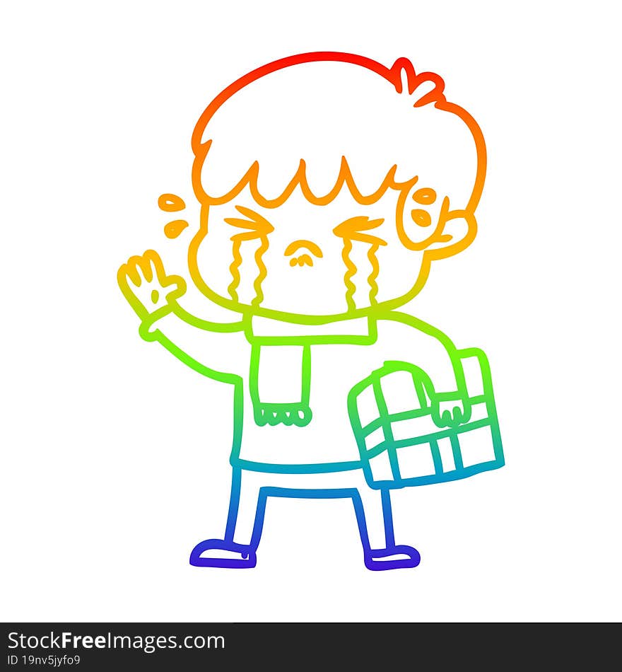 rainbow gradient line drawing of a crying boy cartoon