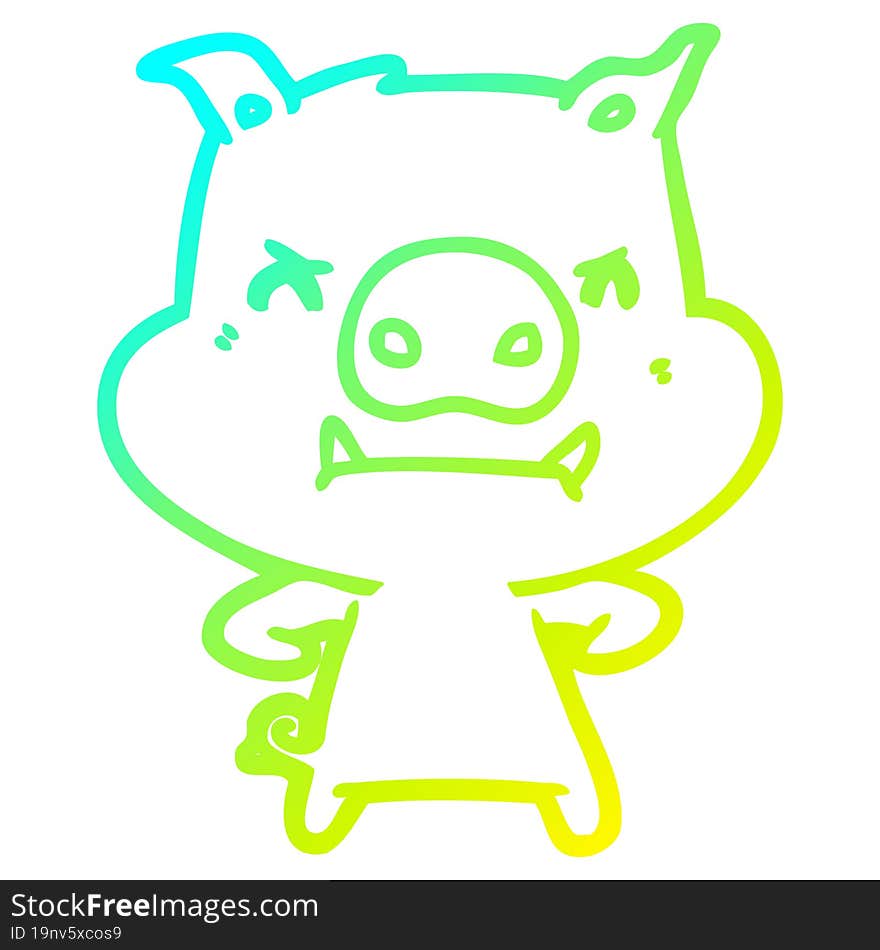 cold gradient line drawing of a angry cartoon pig