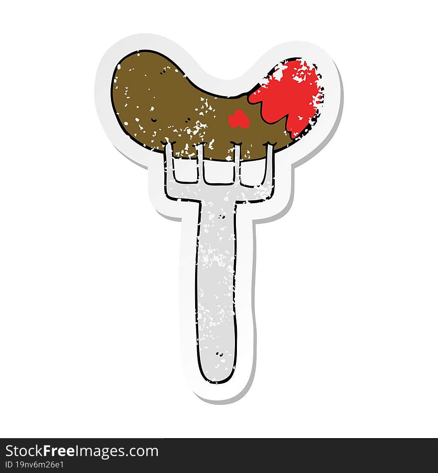 distressed sticker of a cartoon sausage on fork