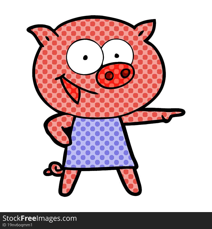 cheerful pig in dress pointing cartoon. cheerful pig in dress pointing cartoon