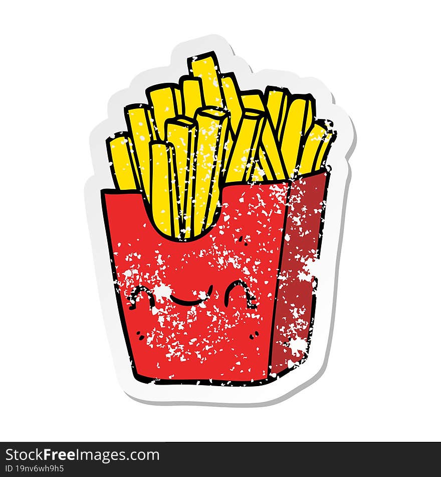 distressed sticker of a cartoon fries in box