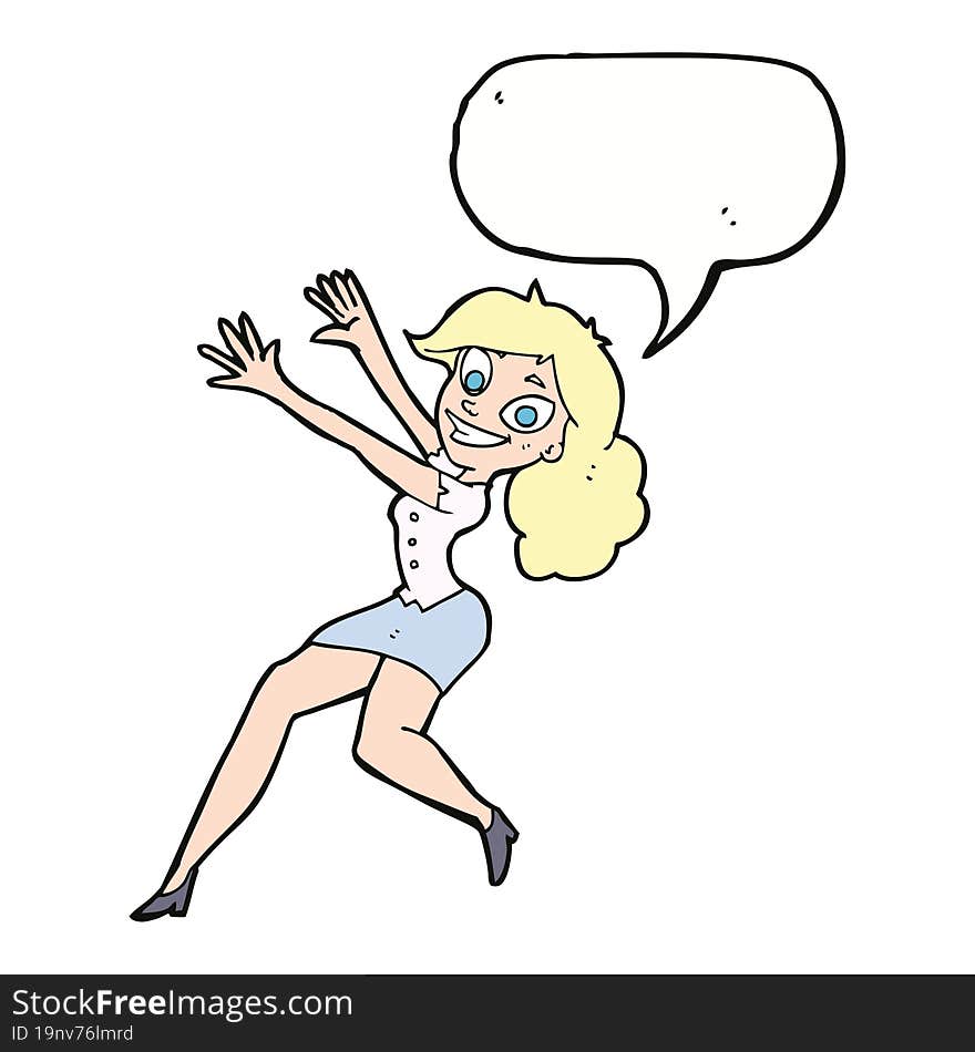 cartoon happy woman jumping with speech bubble