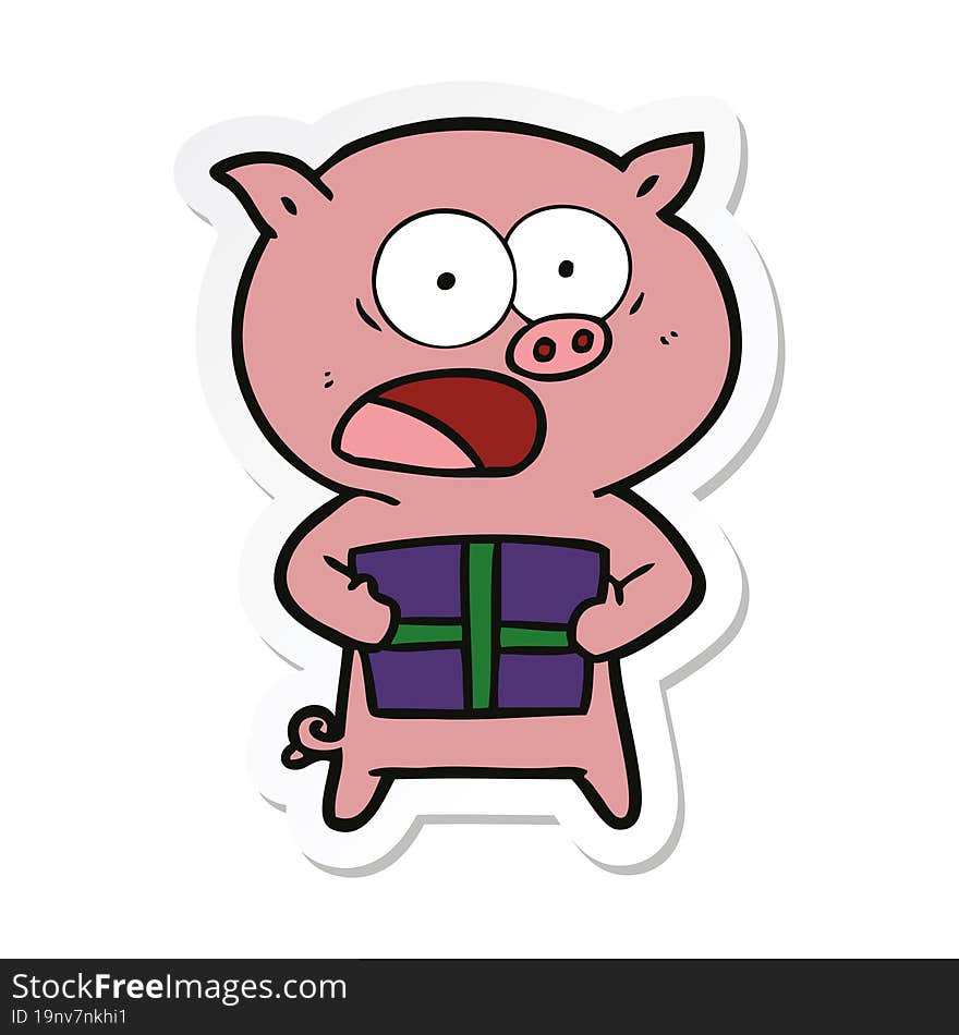 sticker of a cartoon pig with christmas present