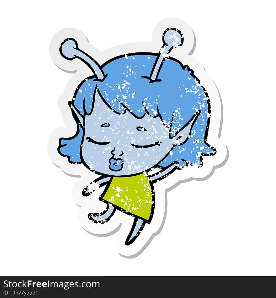 Distressed Sticker Of A Cute Alien Girl Cartoon