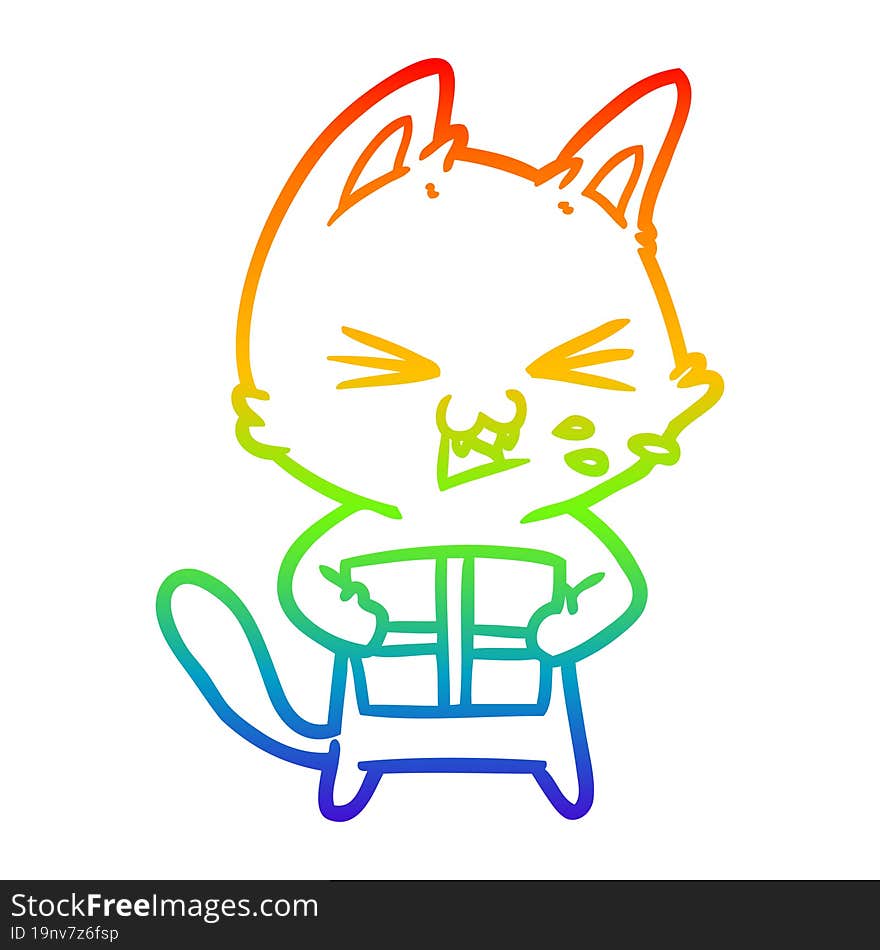 rainbow gradient line drawing cartoon hissing cat with christmas present