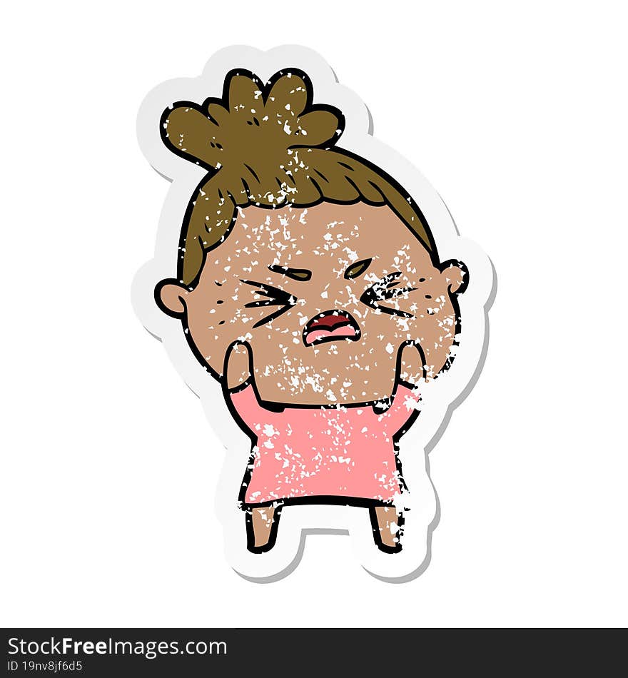 distressed sticker of a cartoon angry woman