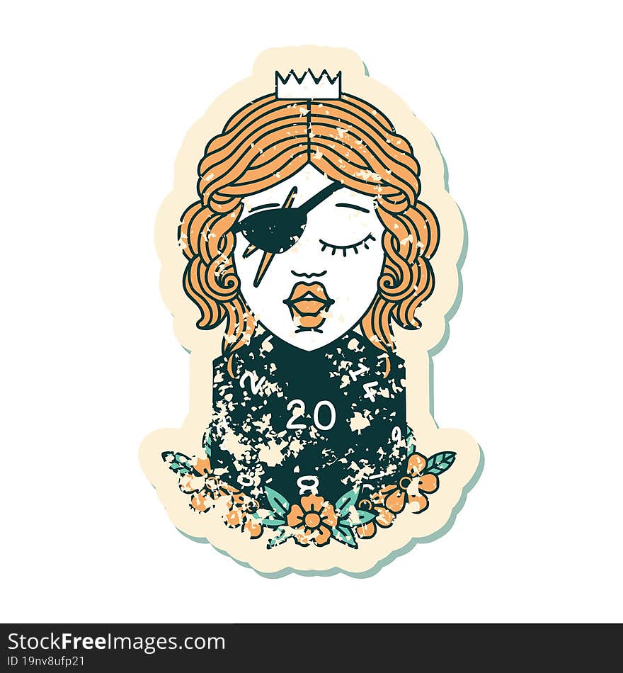 grunge sticker of a human rogue with natural twenty dice roll. grunge sticker of a human rogue with natural twenty dice roll