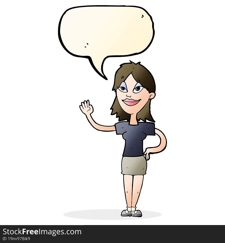 cartoon woman waving with speech bubble