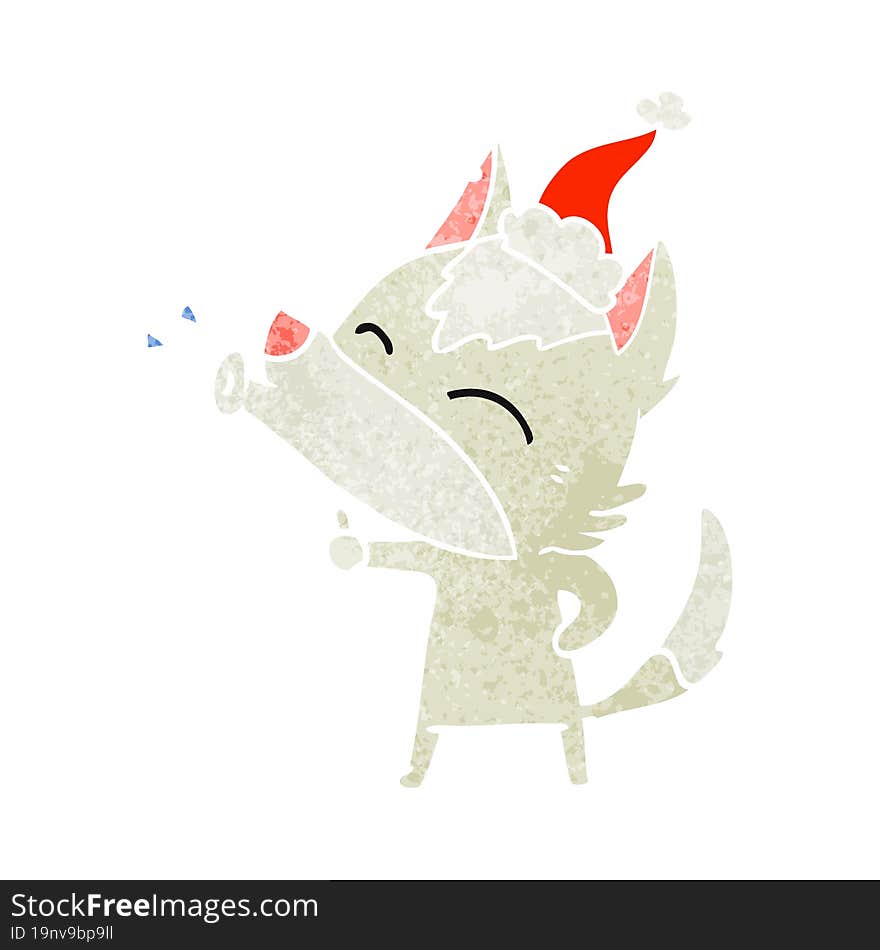 howling wolf retro cartoon of a wearing santa hat