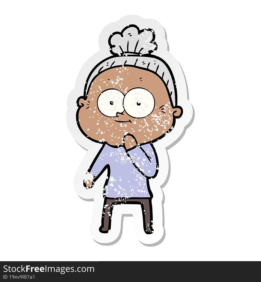 distressed sticker of a cartoon happy old woman