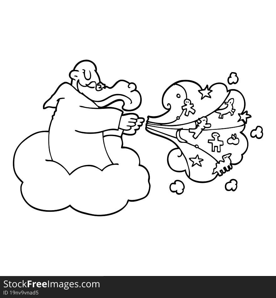 line drawing cartoon god on cloud