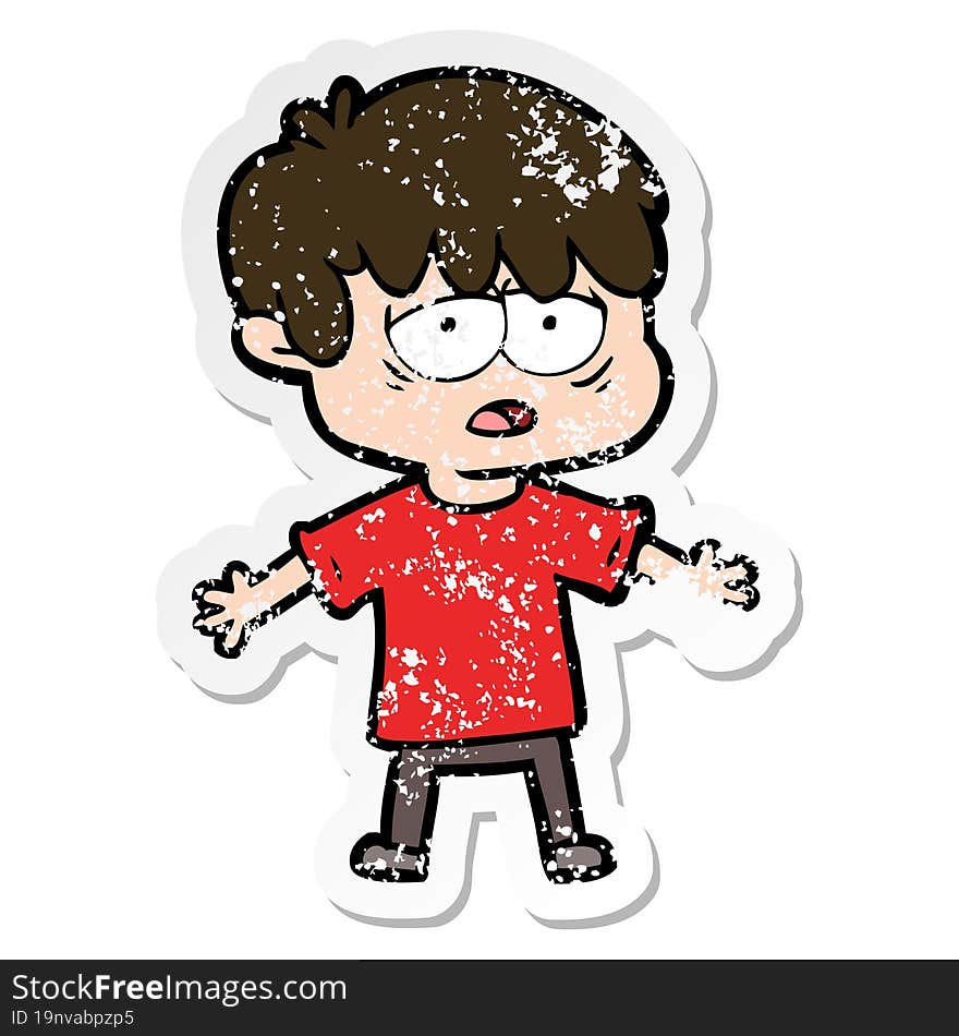 distressed sticker of a cartoon exhausted boy