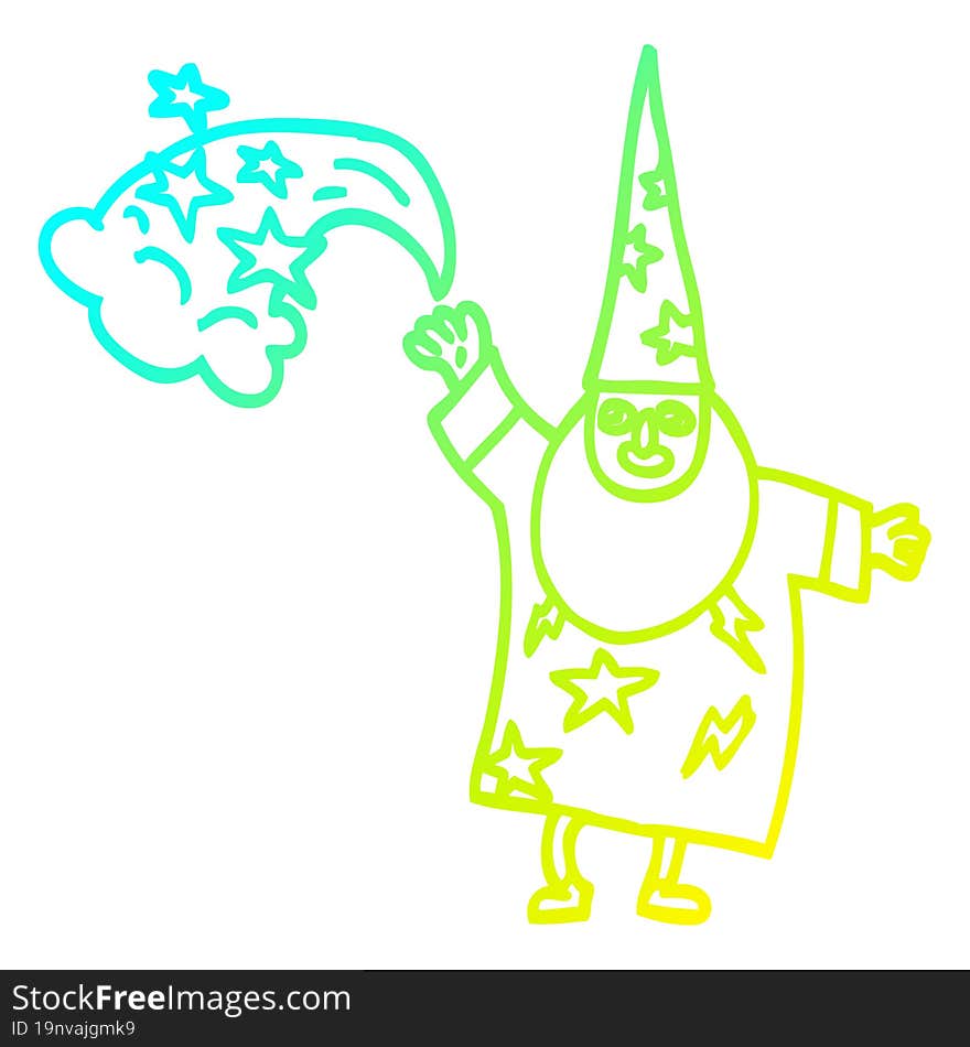 cold gradient line drawing of a cartoon wizard casting spell