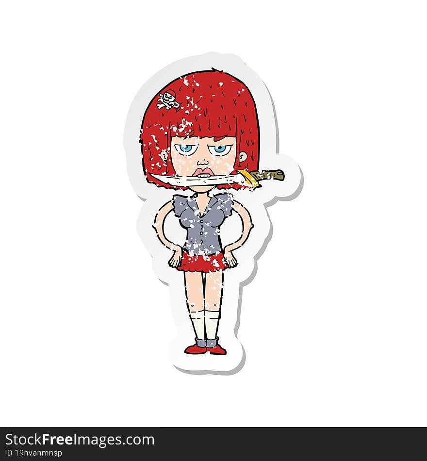 retro distressed sticker of a cartoon woman with knife in teeth