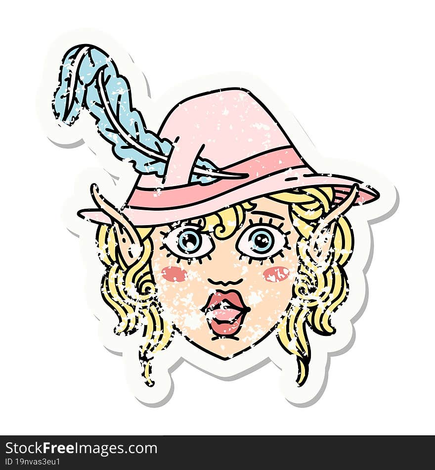 grunge sticker of a elf bard character face. grunge sticker of a elf bard character face