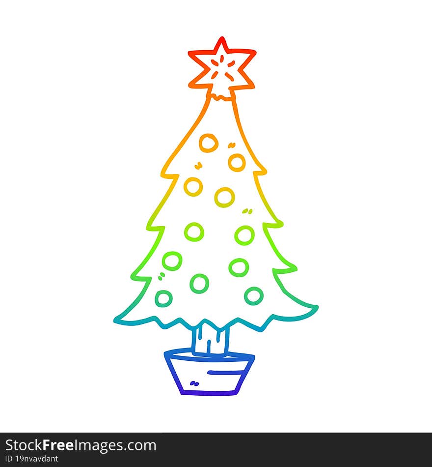 rainbow gradient line drawing of a cartoon christmas tree