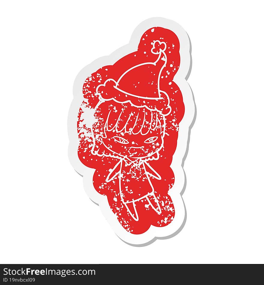 cartoon distressed sticker of a woman wearing santa hat