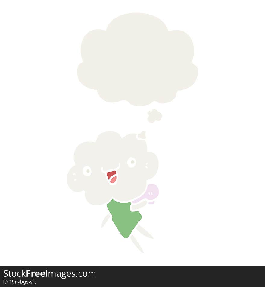 cartoon cloud head creature with thought bubble in retro style