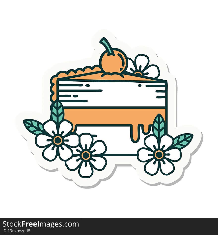 tattoo style sticker of a slice of cake and flowers