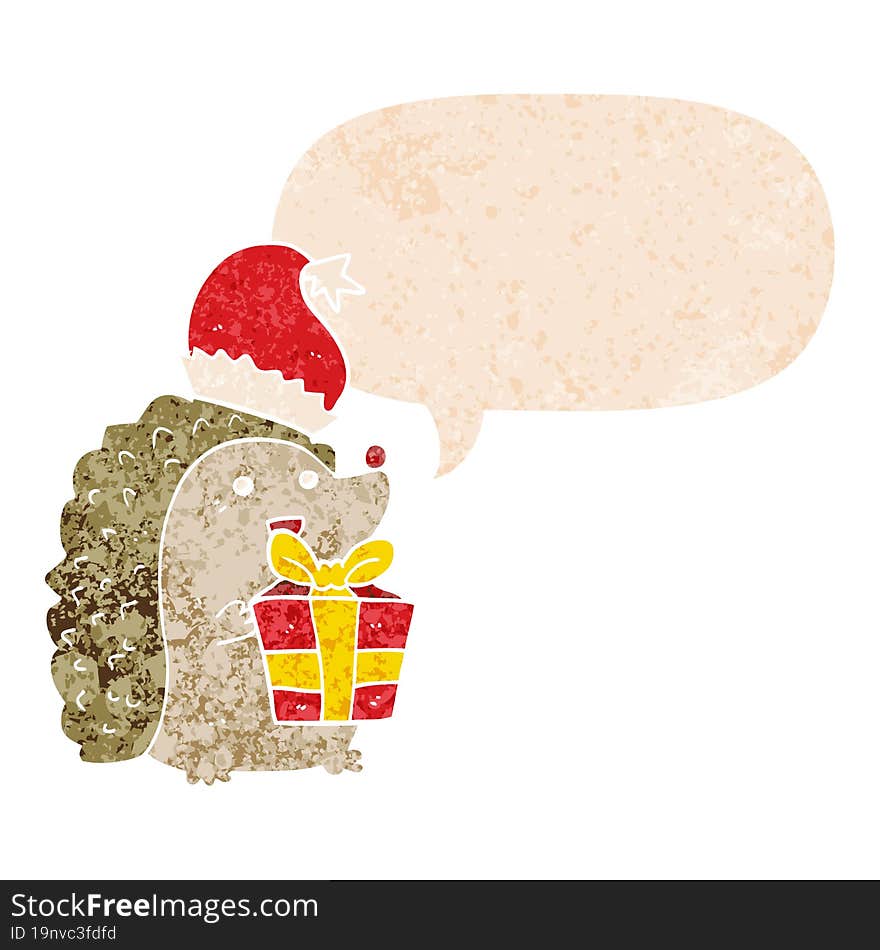 cartoon hedgehog wearing christmas hat and speech bubble in retro textured style